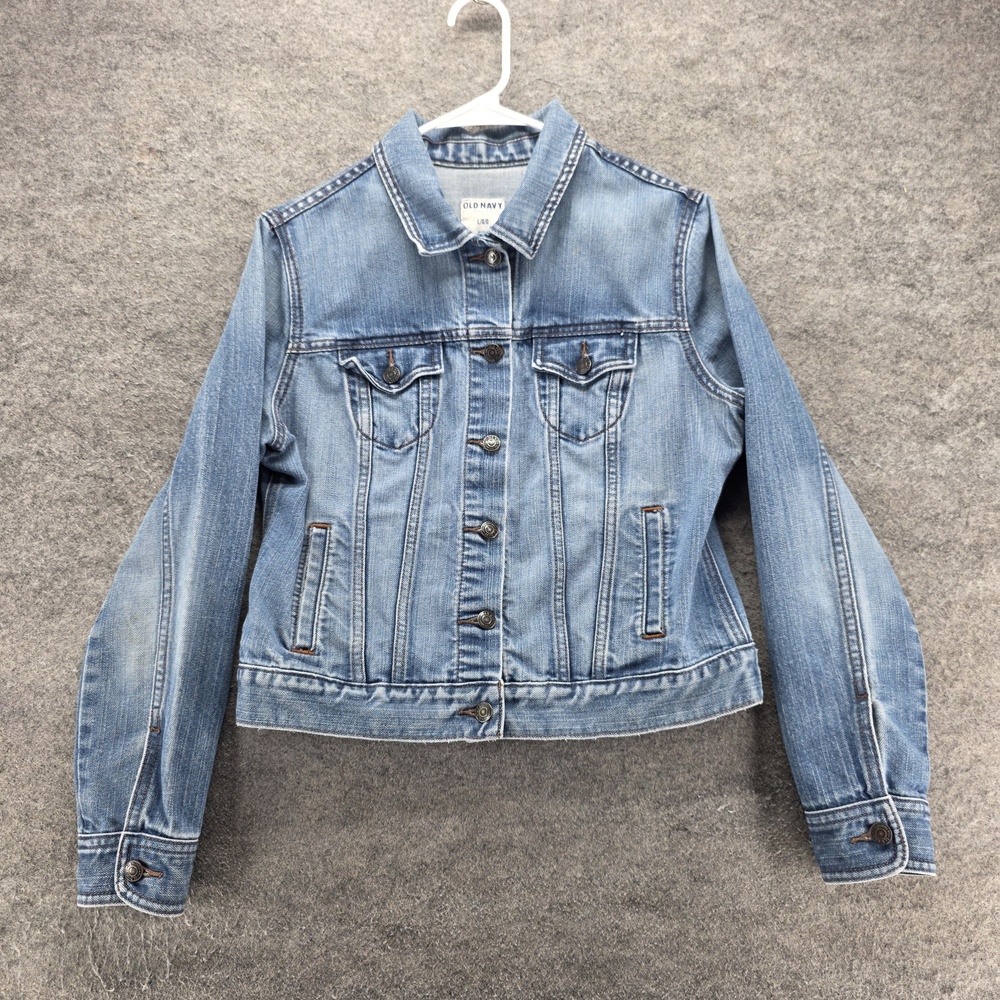 Old Navy Jacket Womens L Blue Denim Jean Button Front Collared Pockets Stretch